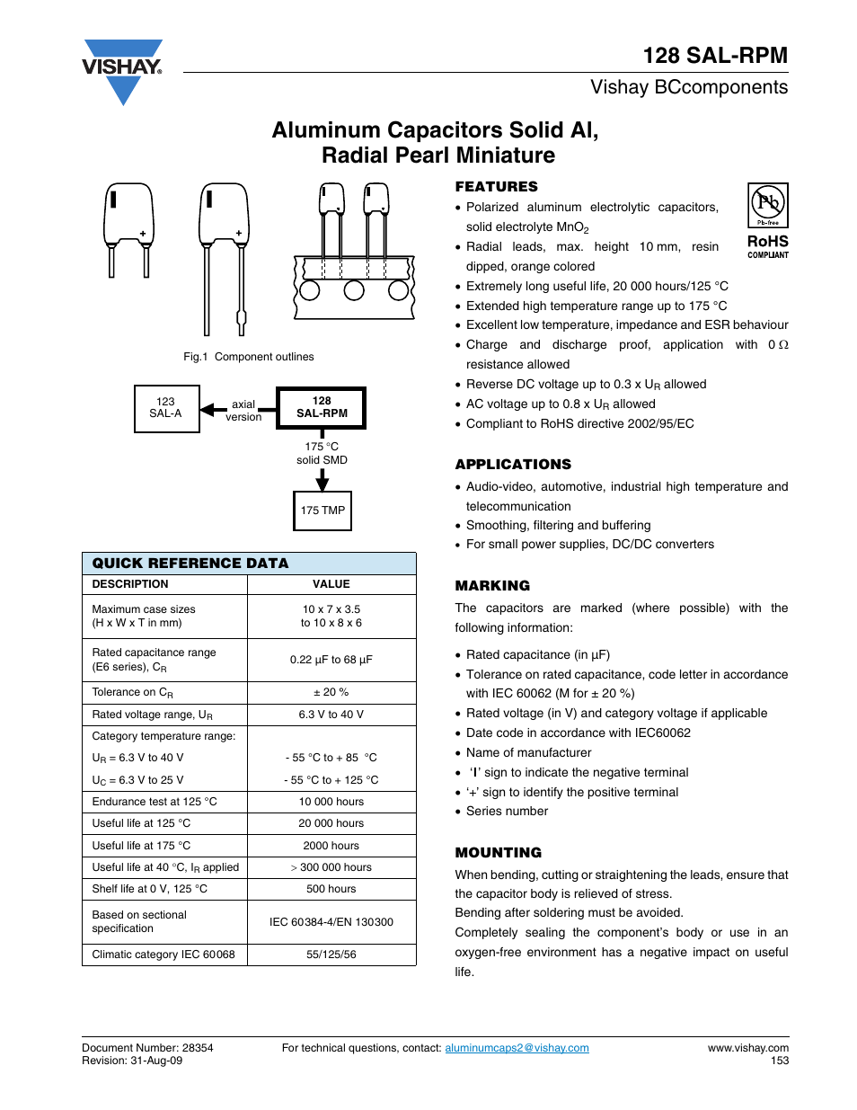 Datasheet, Vishay bccomponents | C&H Technology 128 SAL-RPM User Manual | Page 2 / 11