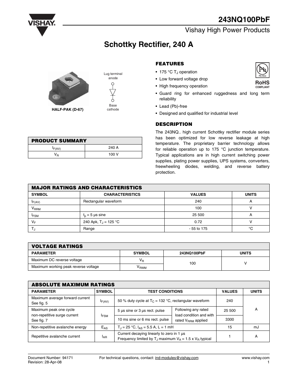 Datasheet, Vishay high power products, Rohs | C&H Technology 243NQ100PbF User Manual | Page 2 / 7