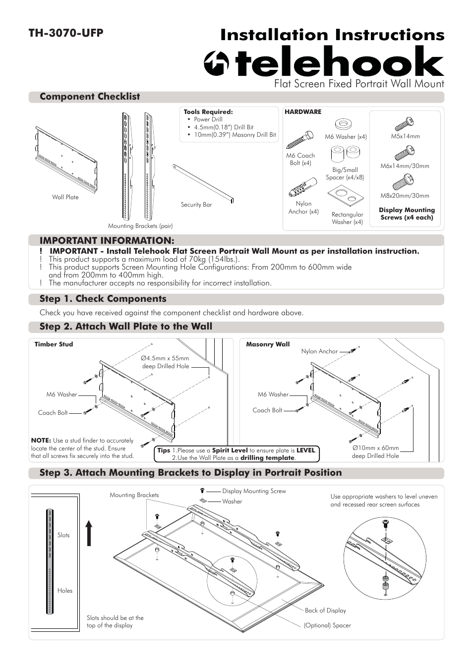 Atdec Telehook TH-3070-UFP Installation manual User Manual | 2 pages