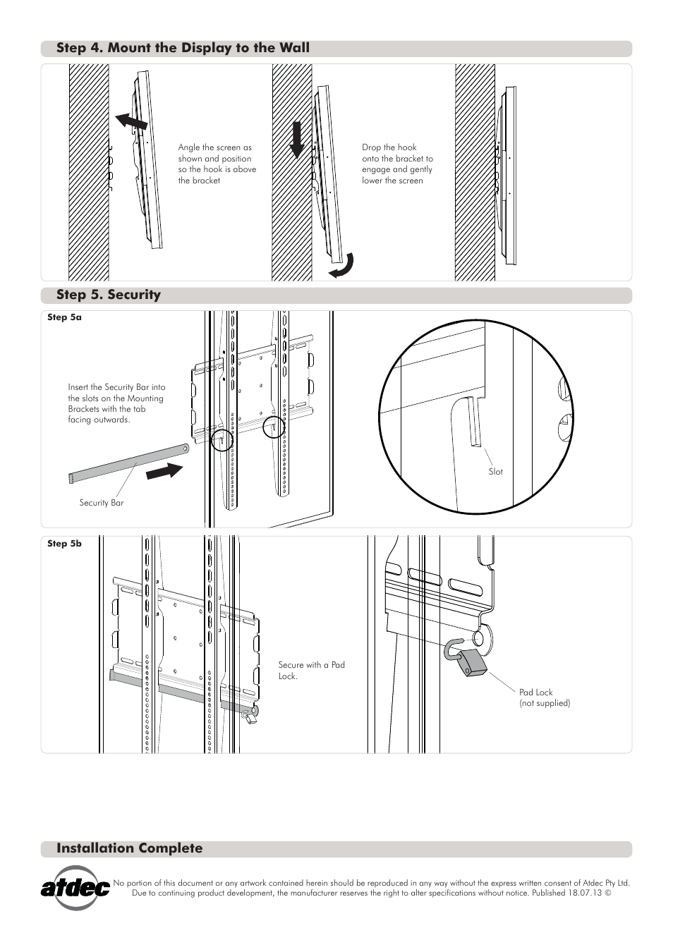 Th-3070-ufp installs_2, Installation complete, Step 5. security | Step 4. mount the display to the wall | Atdec Telehook TH-3070-UFP Installation manual User Manual | Page 2 / 2