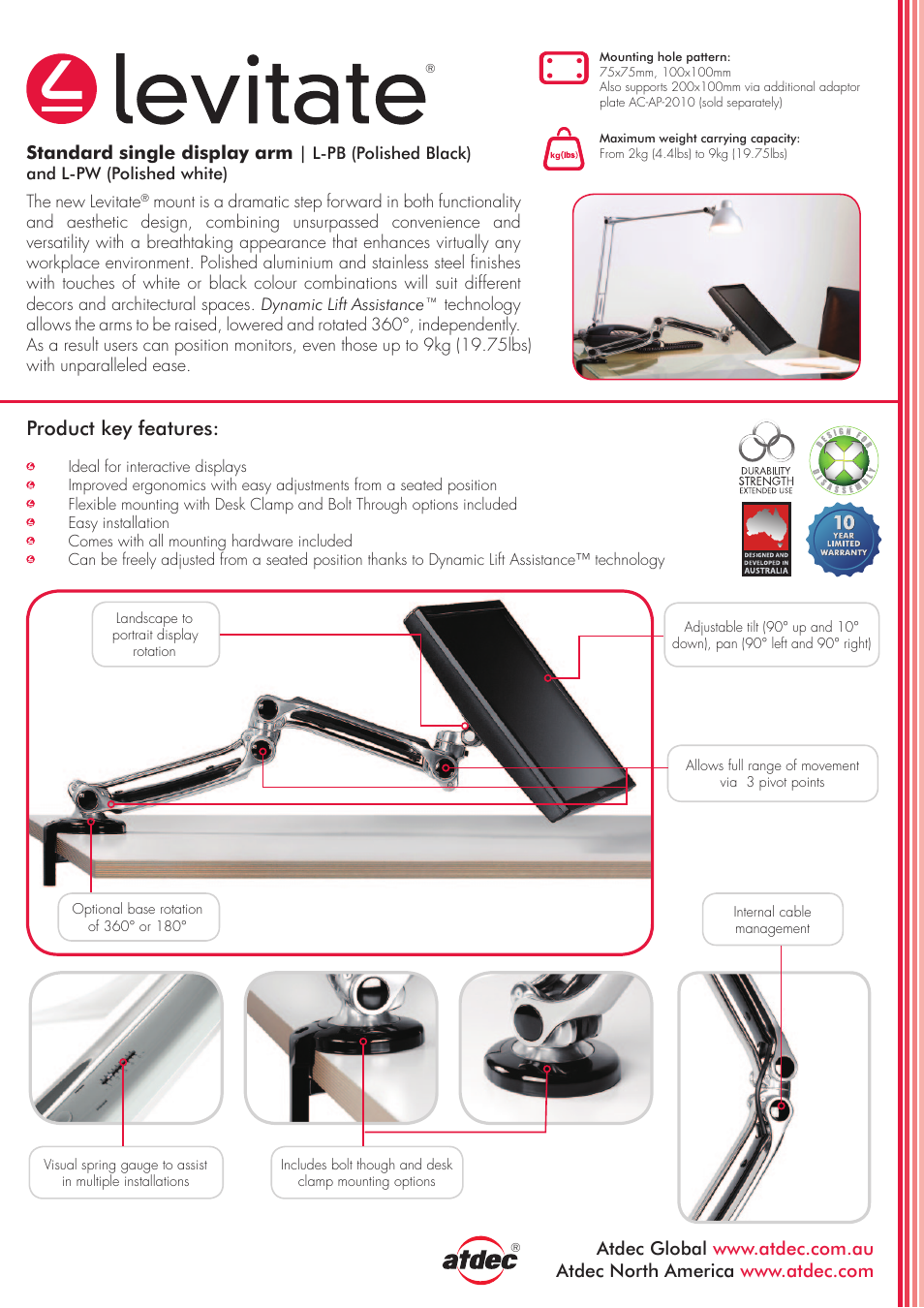 Atdec Levitate L-PW product brochure User Manual | 2 pages