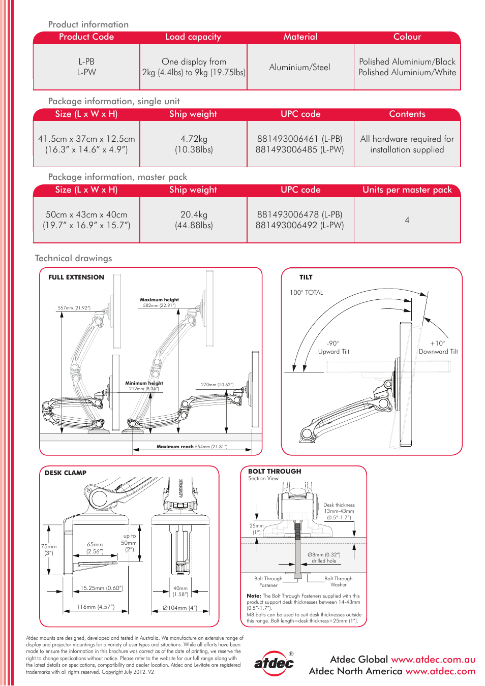 Levitate l-pb product brochure v2 usa_p2 | Atdec Levitate L-PW product brochure User Manual | Page 2 / 2