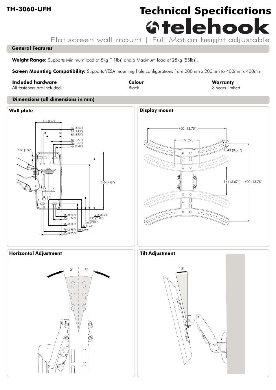 Atdec Telehook TH-3060-UFH Technical specs User Manual | 2 pages