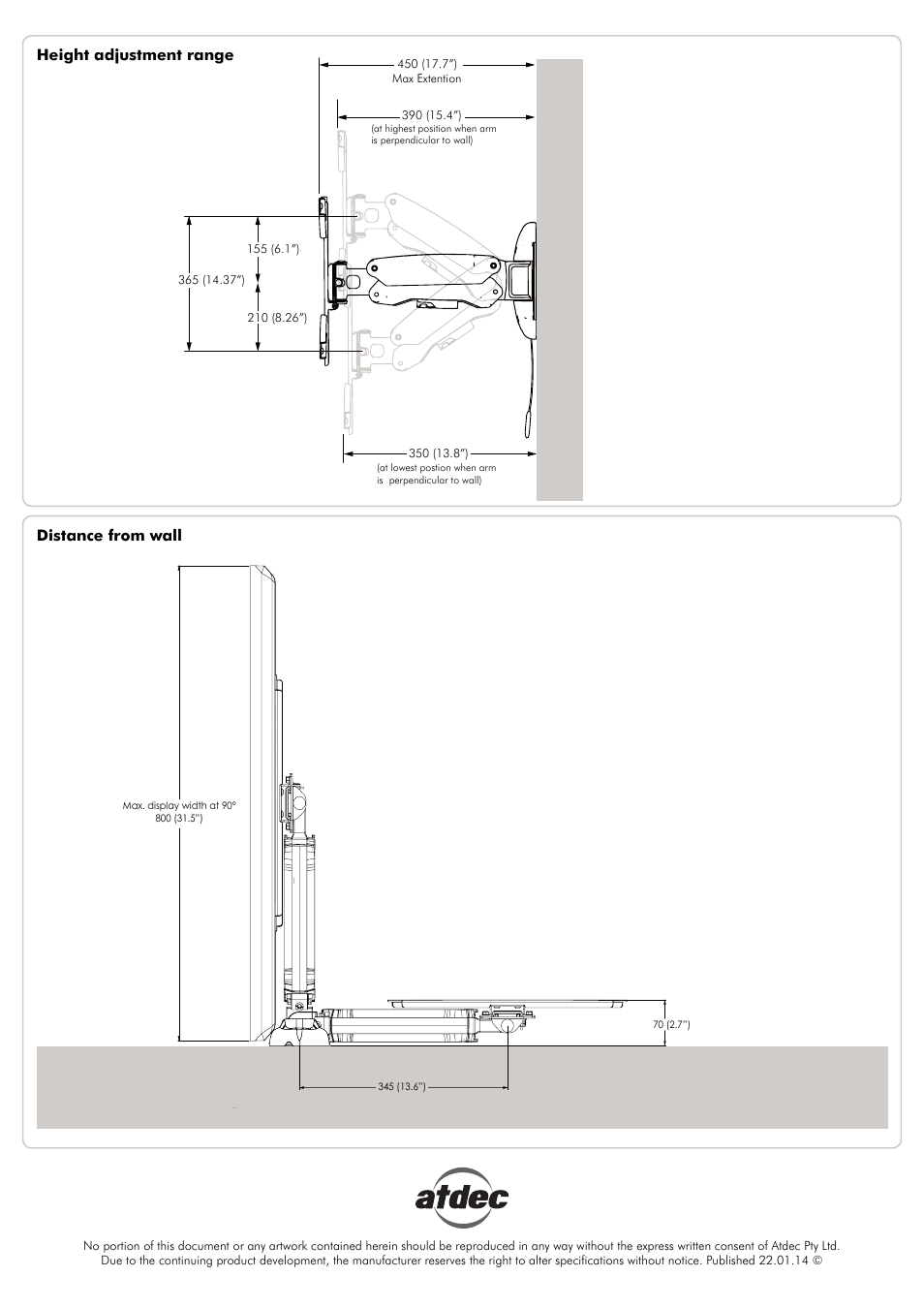 Height adjustment range distance from wall | Atdec Telehook TH-3060-UFH Technical specs User Manual | Page 2 / 2
