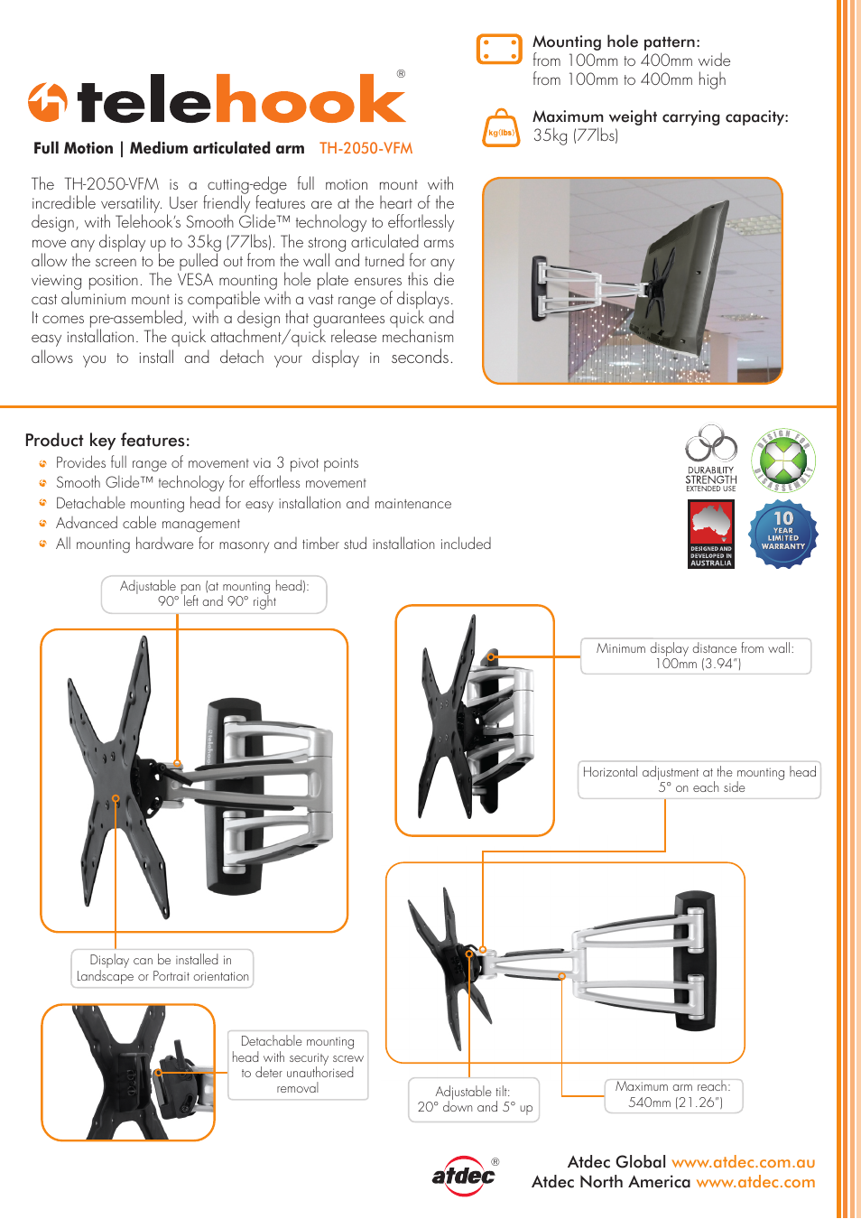 Atdec Telehook TH-2050-VFM product brochure User Manual | 2 pages