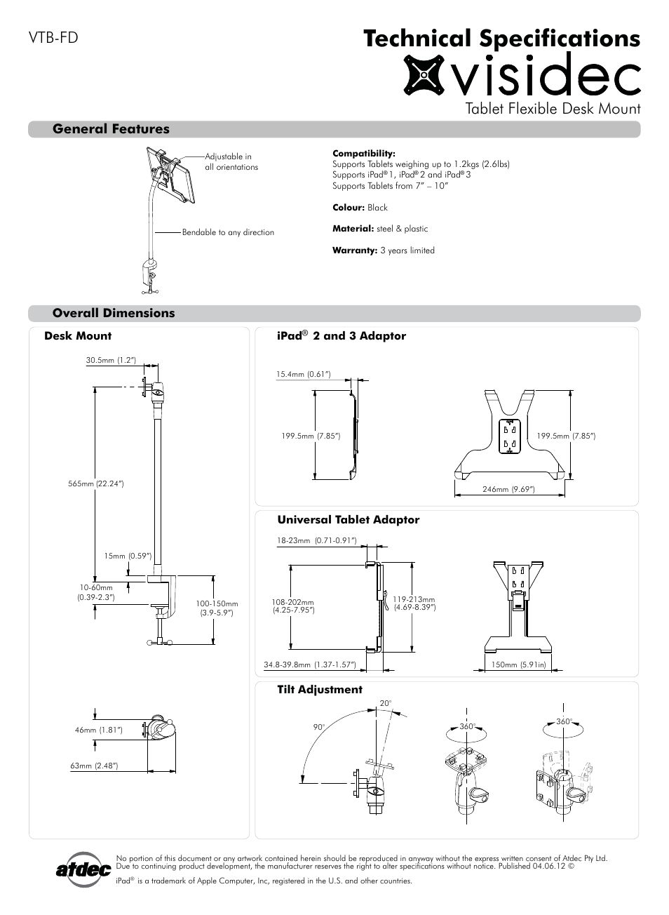 Atdec Visidec VTB-FD Technical specs User Manual | 1 page