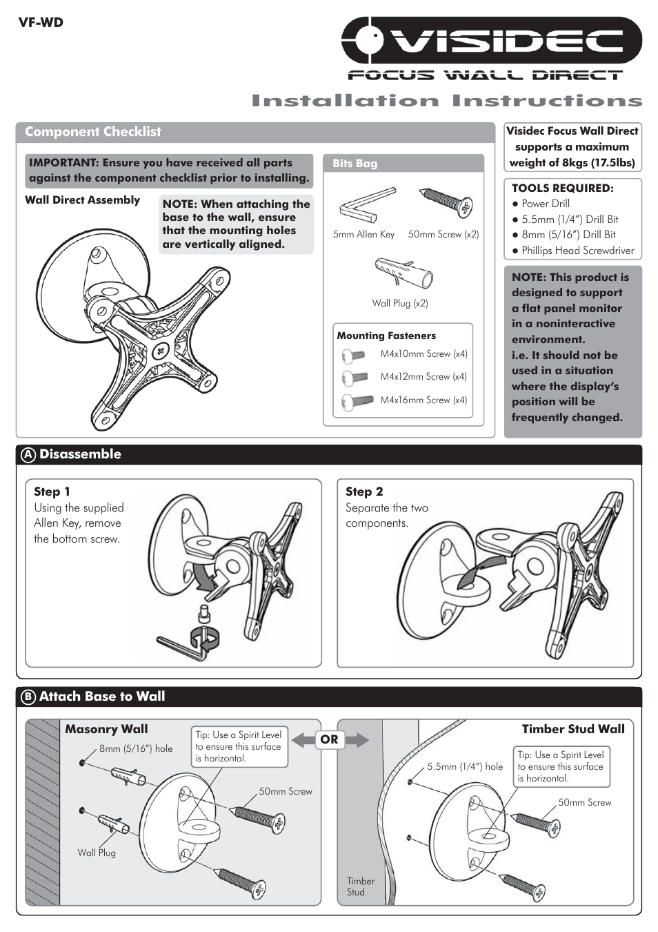 Atdec Visidec VF-WD Installation manual User Manual | 2 pages