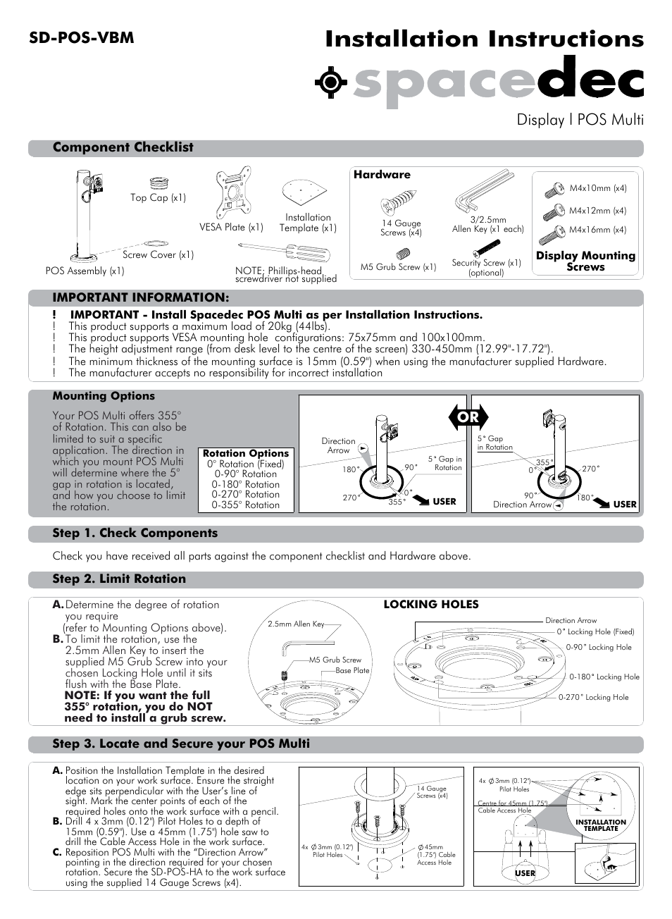 Atdec Spacedec SD-POS-VBM Installation manual User Manual | 2 pages