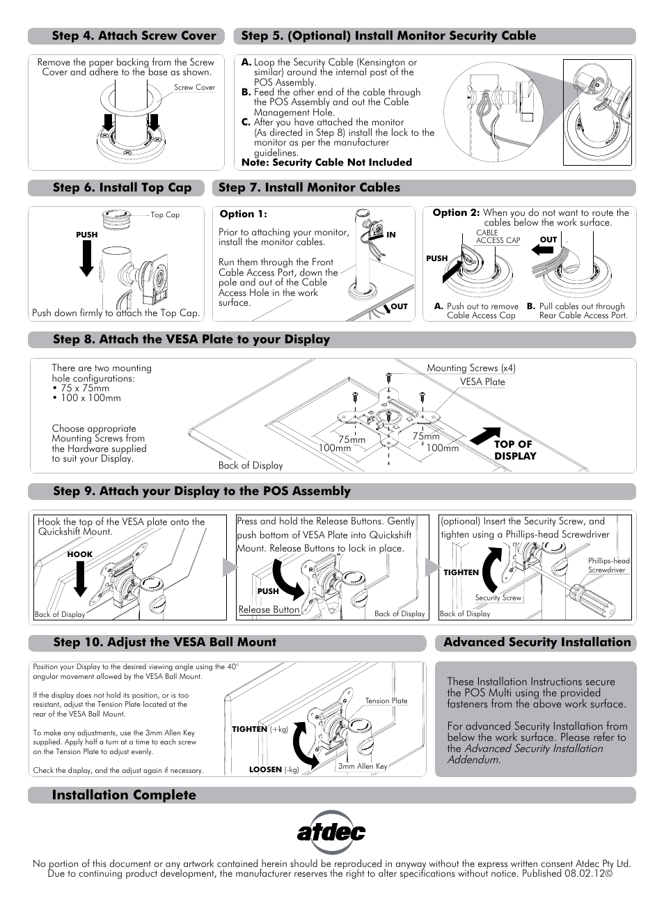 Sd-pos-vbm ins2tall-01, Installation complete, Step 6. install top cap | Advanced security installation | Atdec Spacedec SD-POS-VBM Installation manual User Manual | Page 2 / 2