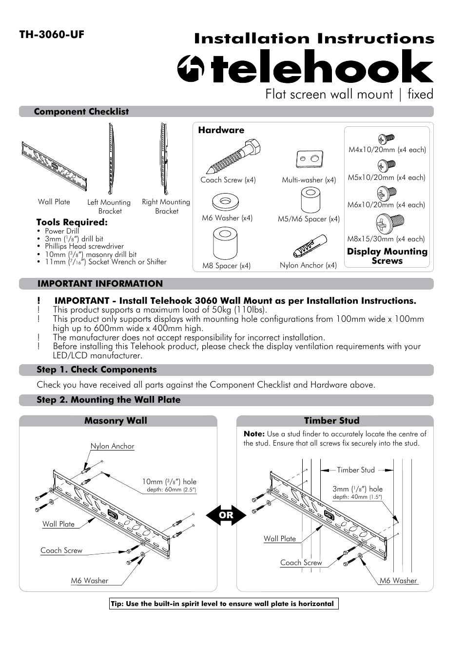 Atdec Telehook TH-3060-UF Installation manual User Manual | 2 pages