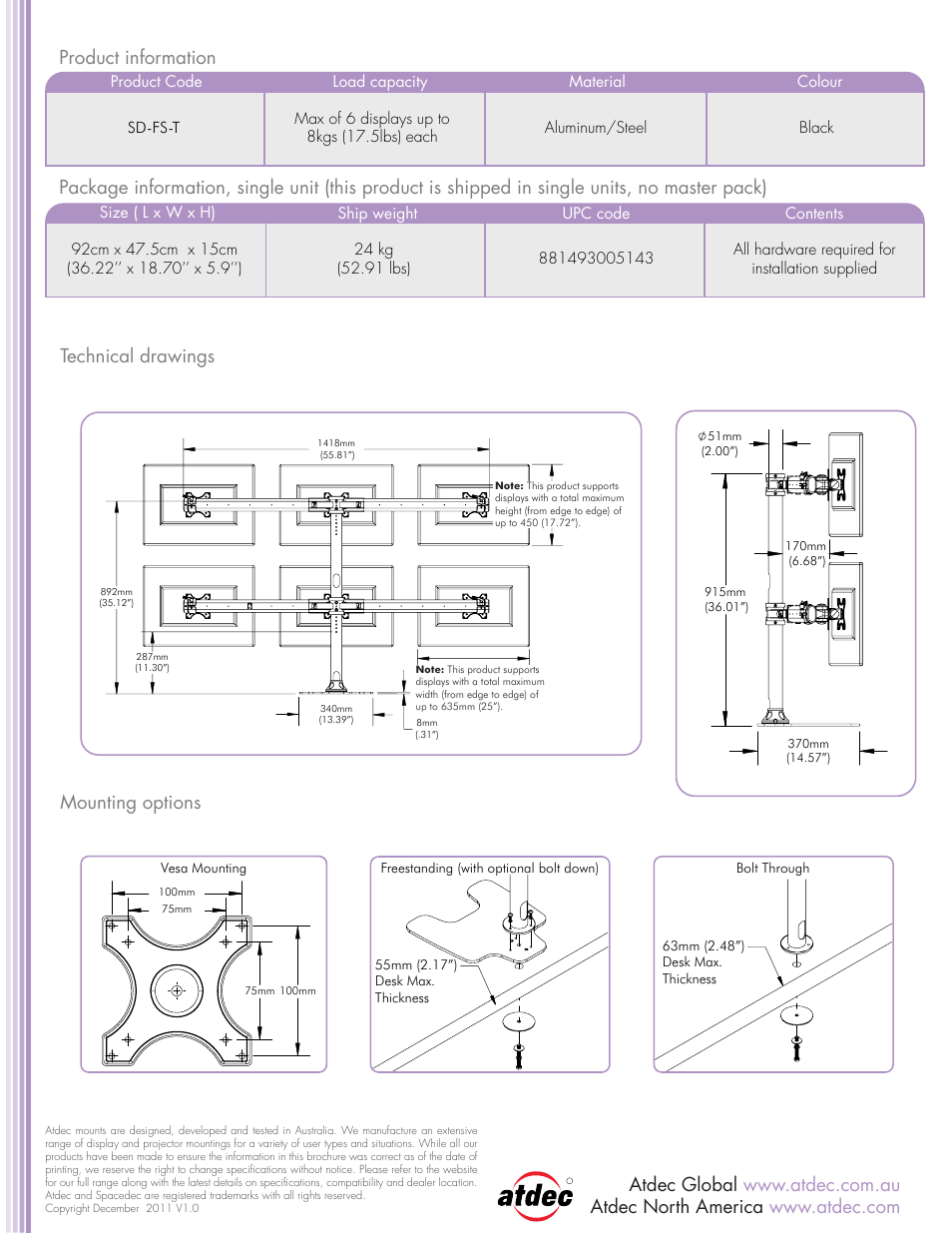 Technical drawings mounting options | Atdec Spacedec SD-FS-H product brochure User Manual | Page 2 / 2
