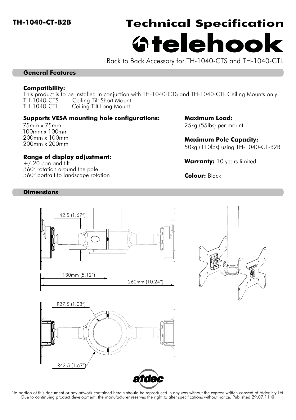 Atdec Telehook TH-1040-CT-B2B Technical specs User Manual | 1 page