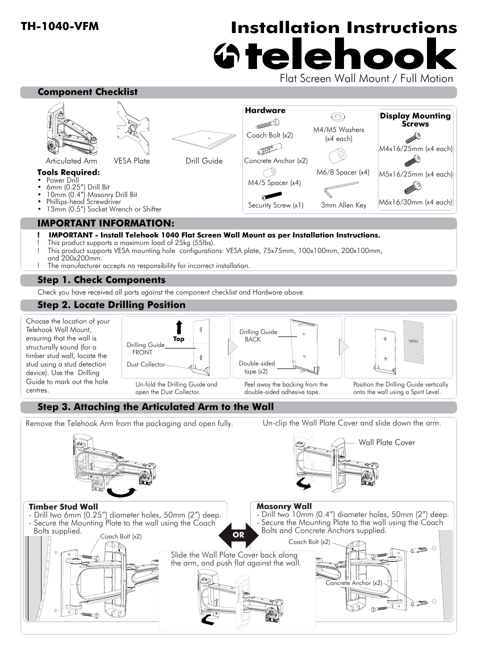 Atdec Telehook TH-1040-VFM Installation manual User Manual | 2 pages