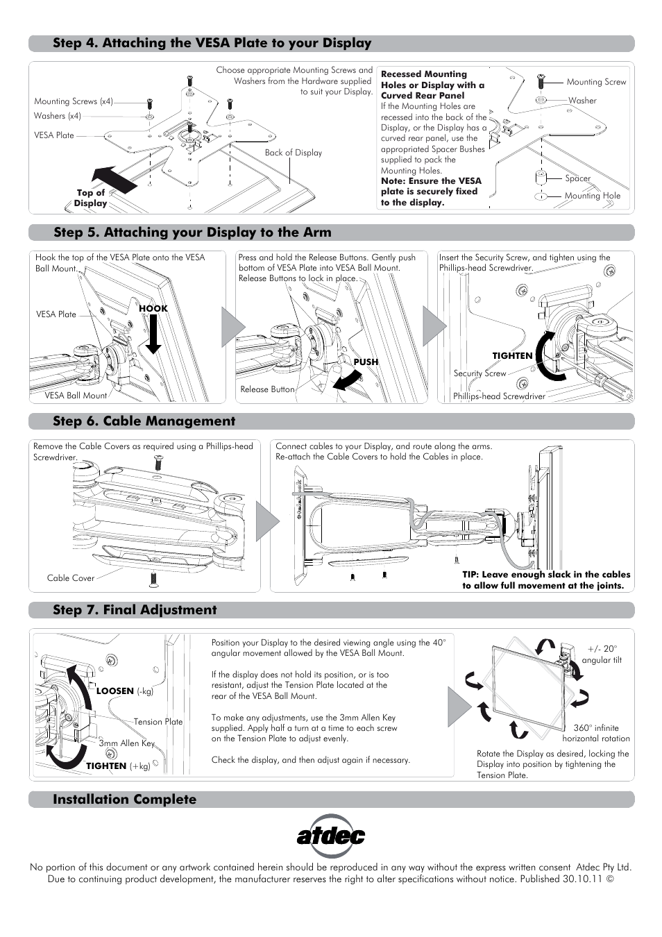 Th-1040-vfm installation instruction p2-01, Step 6. cable management, Step 7. final adjustment | Step 4. attaching the vesa plate to your display | Atdec Telehook TH-1040-VFM Installation manual User Manual | Page 2 / 2