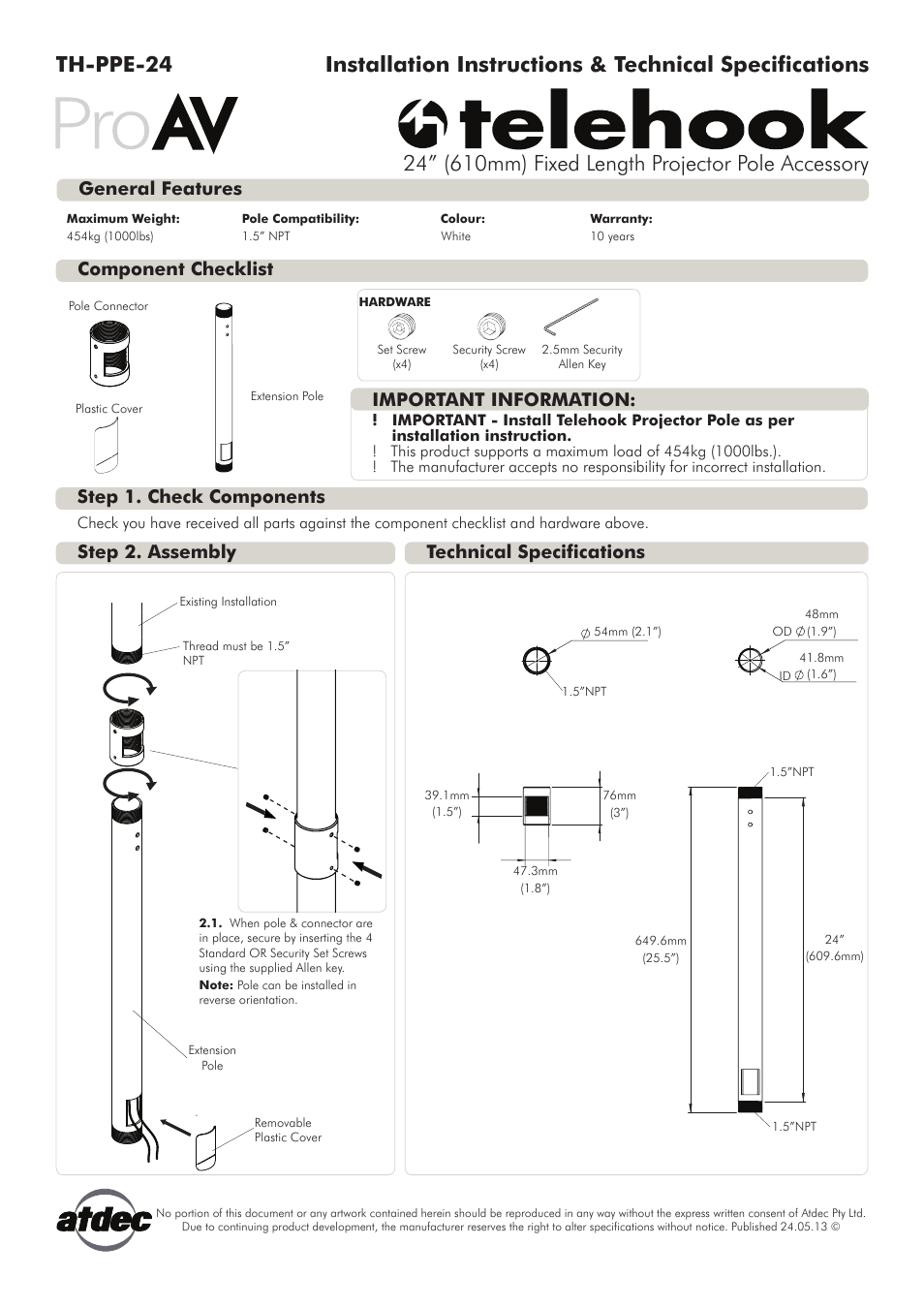 Atdec Telehook TH-PPE-24 Technical specs User Manual | 1 page
