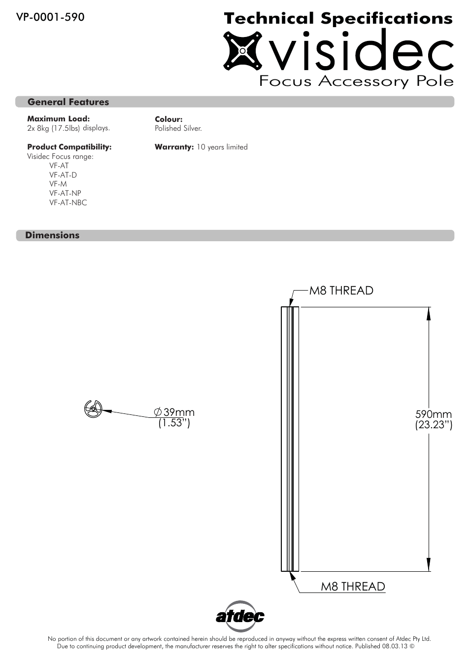 Atdec Visidec VP-0001-590 Technical specs User Manual | 1 page