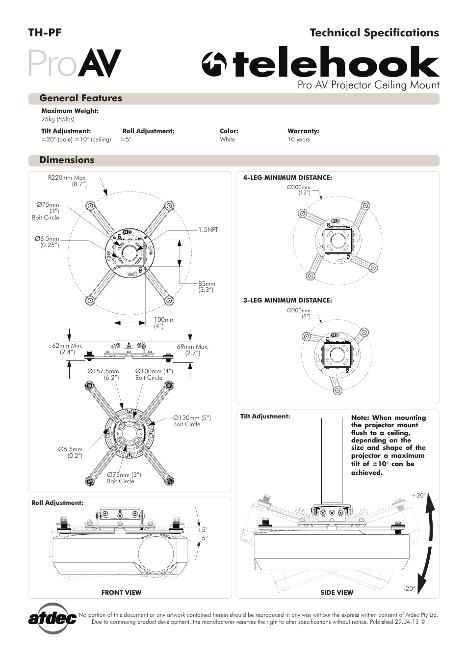 Atdec Telehook TH-PF Technical specs User Manual | 1 page