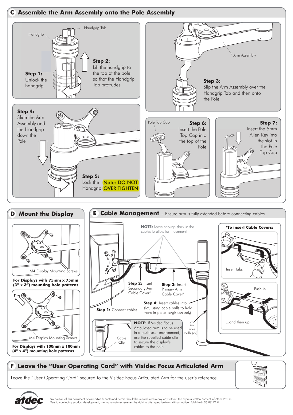 Visidec vf-at installation manual (hi-res)2-01, D mount the display, E cable management | C assemble the arm assembly onto the pole assembly | Atdec Visidec VF-AT Installation manual User Manual | Page 2 / 2