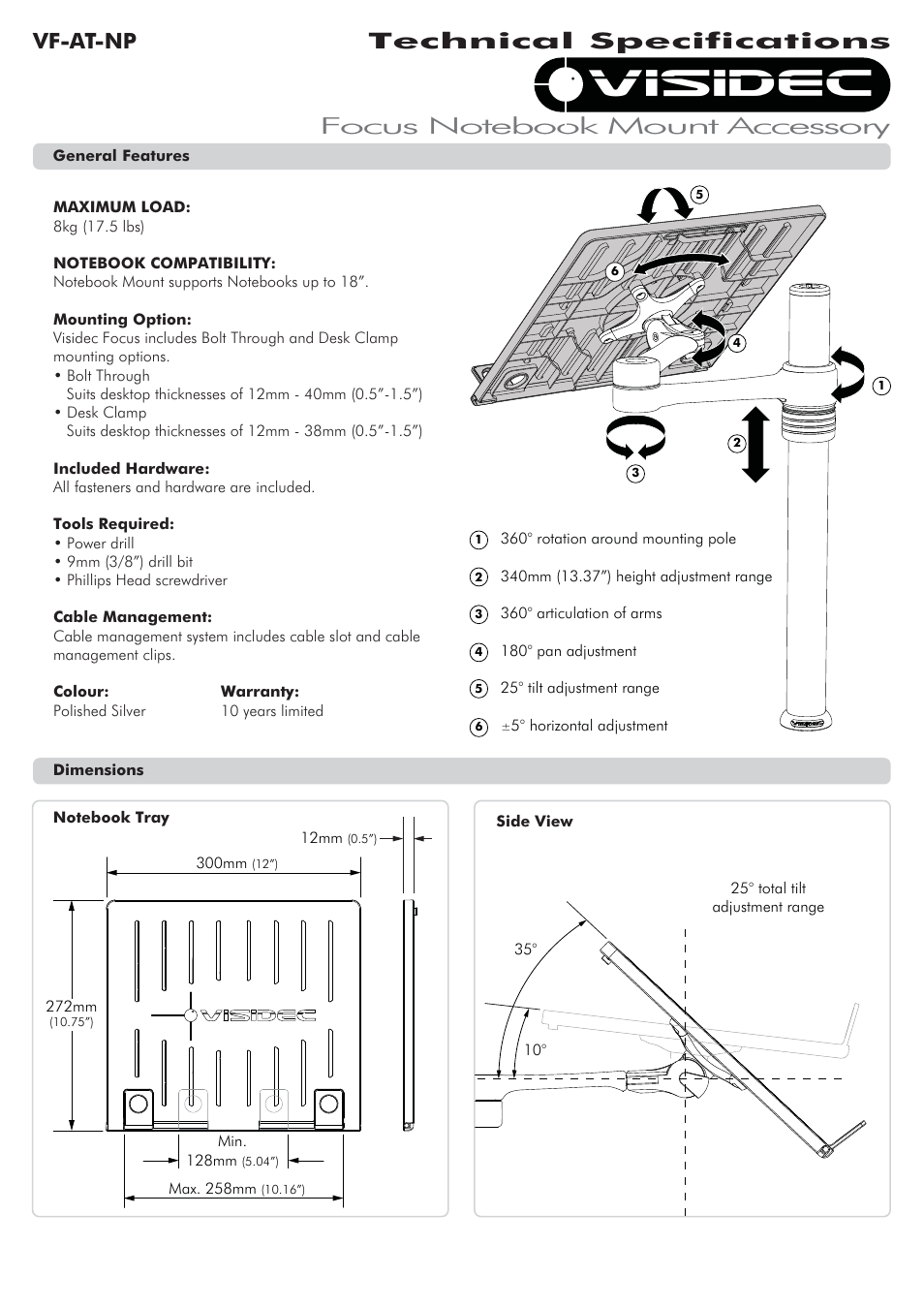 Atdec Visidec VF-AT-NP Technical specs User Manual | 2 pages