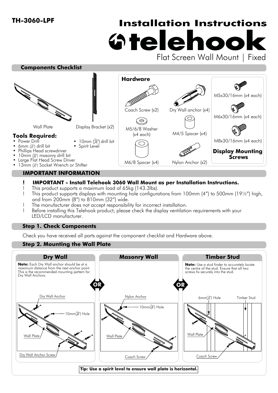 Atdec Telehook TH-3060-LPF Installation manual User Manual | 2 pages