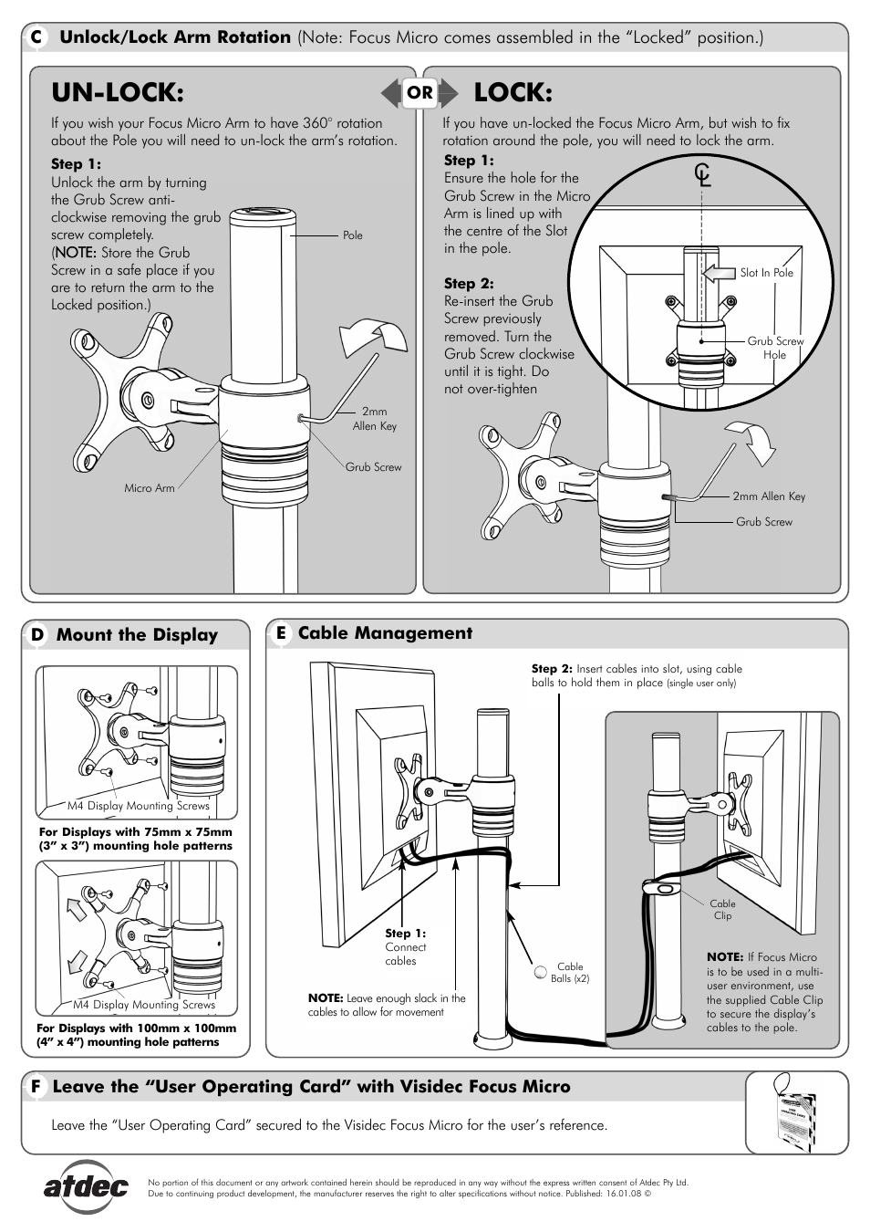 Un-lock: lock, D mount the display, E cable management | Atdec Visidec VF-M Installation manual User Manual | Page 2 / 2