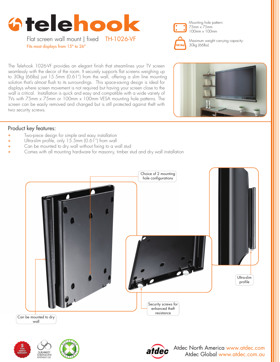 Atdec Telehook TH-1026-VF product brochure User Manual | 2 pages