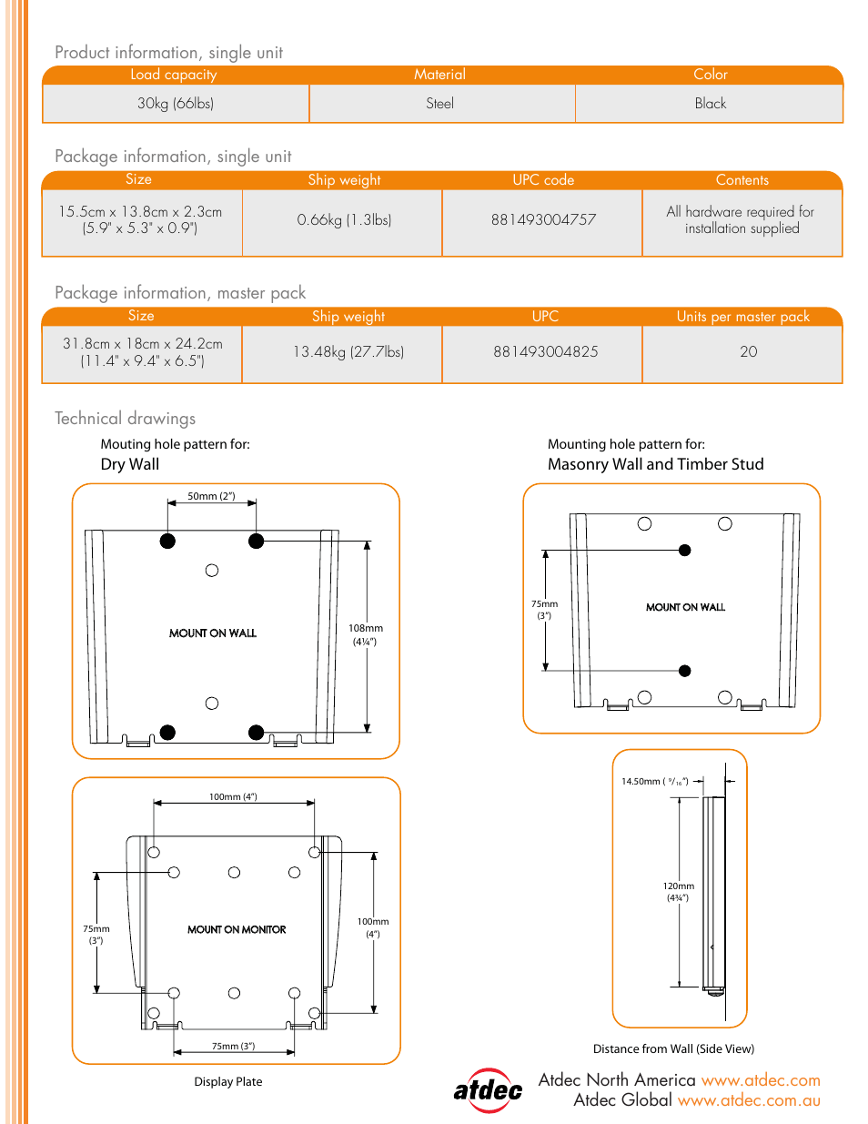 Dry wall, Masonry wall and timber stud | Atdec Telehook TH-1026-VF product brochure User Manual | Page 2 / 2