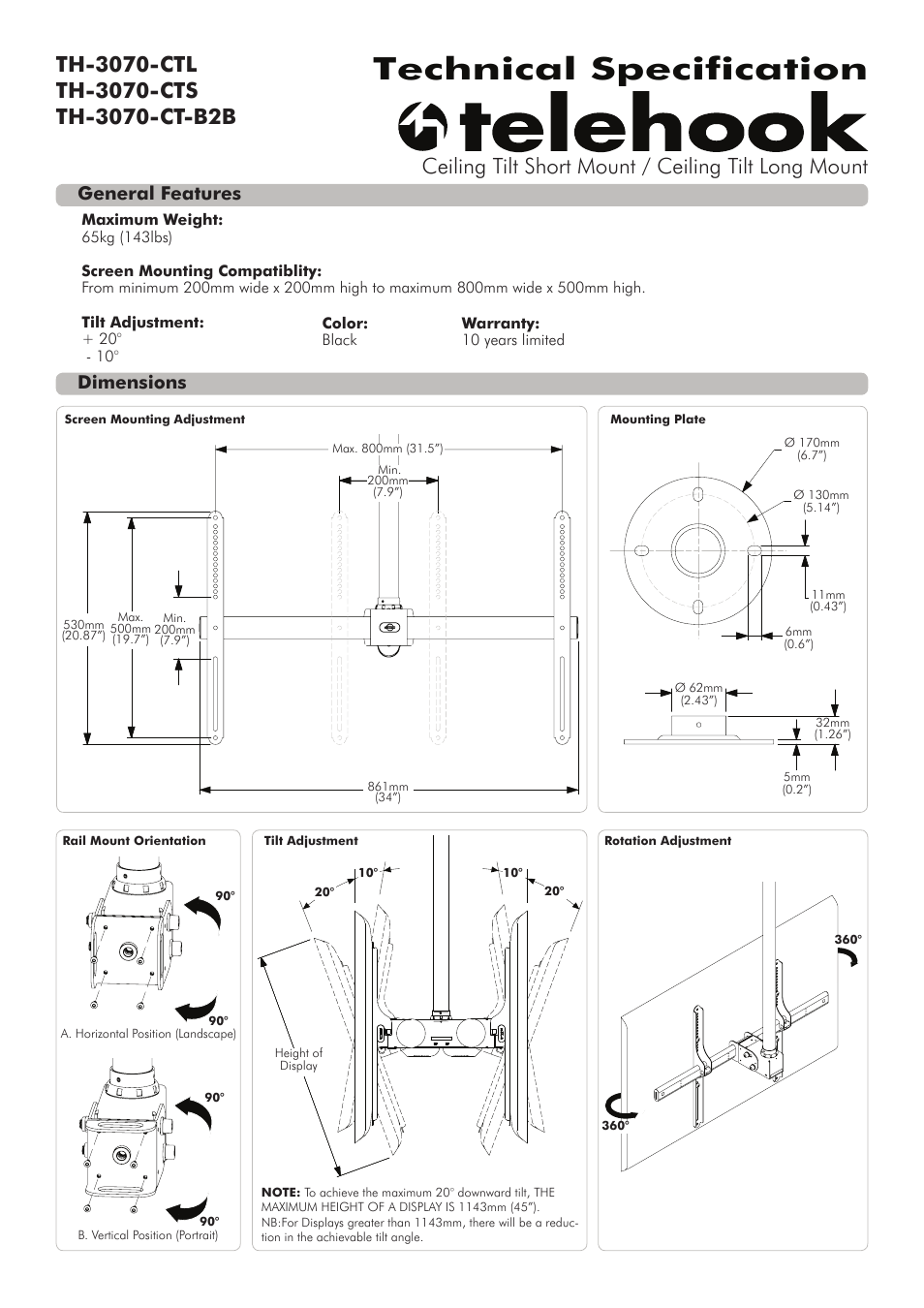 Atdec Telehook TH-3070-CTS Technical specs User Manual | 2 pages