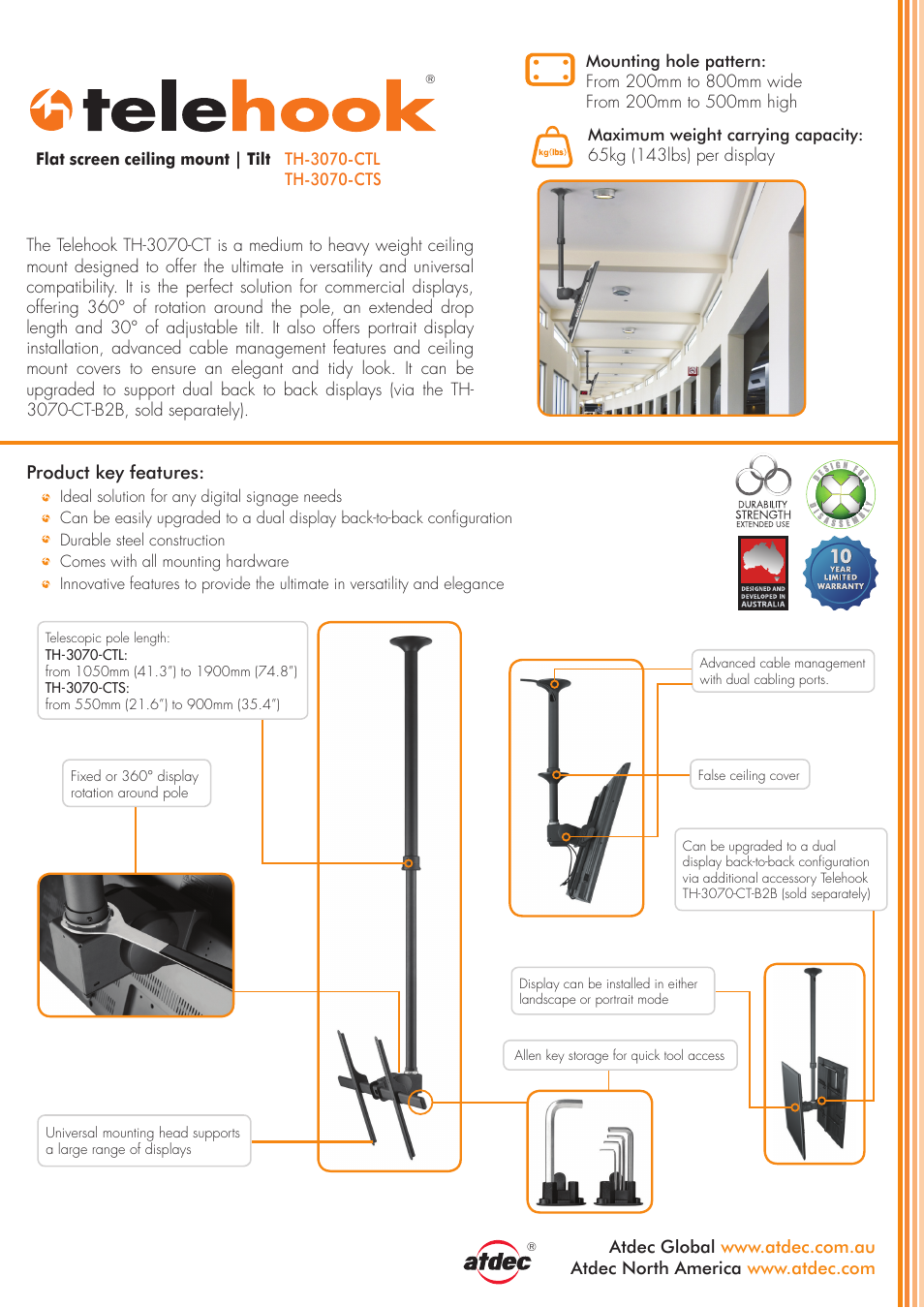Atdec Telehook TH-3070-CT-B2B product brochure User Manual | 2 pages
