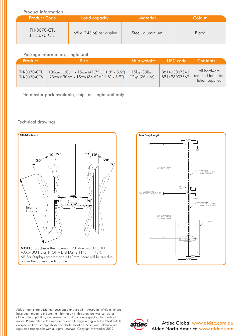 Technical specification, General features, Dimensions | Steel, aluminium, Black, Technical drawings | Atdec Telehook TH-3070-CT-B2B product brochure User Manual | Page 2 / 2