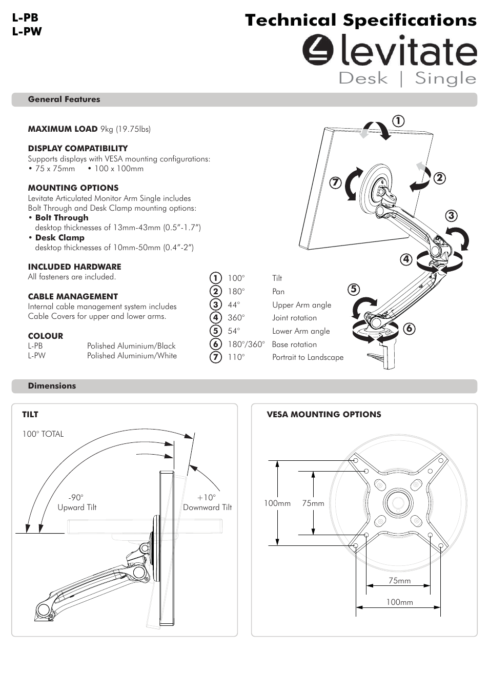 Atdec Levitate L-PW Technical specs User Manual | 2 pages