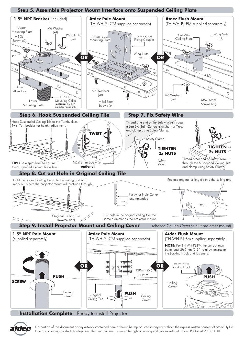 Step 6. hook suspended ceiling tile, Step 7. fix safety wire, Step 8. cut out hole in original ceiling tile | Step 9. install projector mount and ceiling cover, Installation complete - ready to install projector | Atdec Telehook TH-PT8 Installation manual User Manual | Page 2 / 2