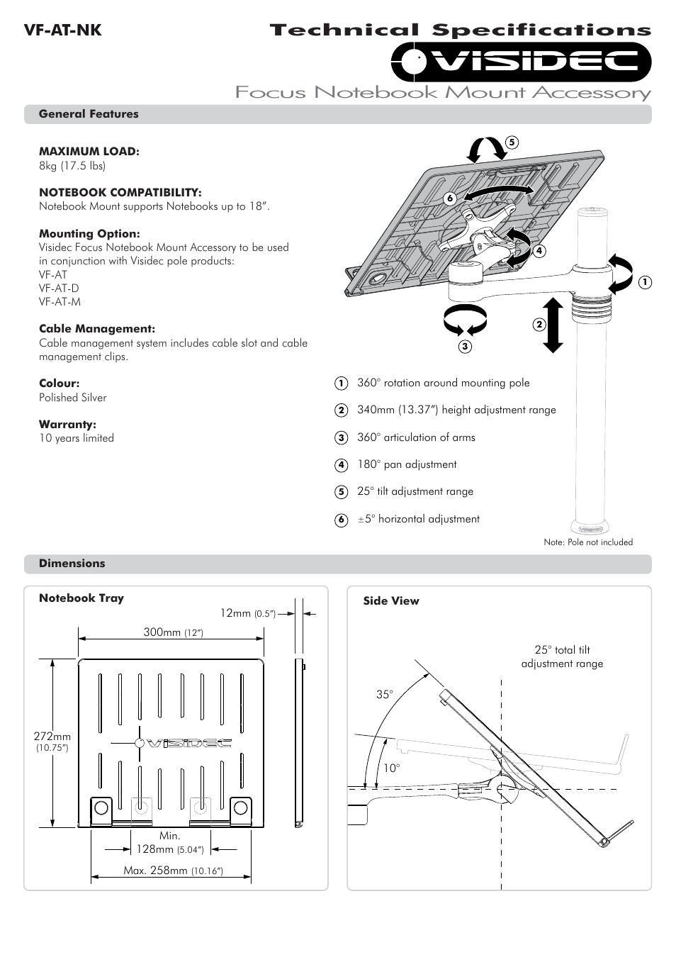 Atdec Visidec VF-AT-NK Technical specs User Manual | 2 pages