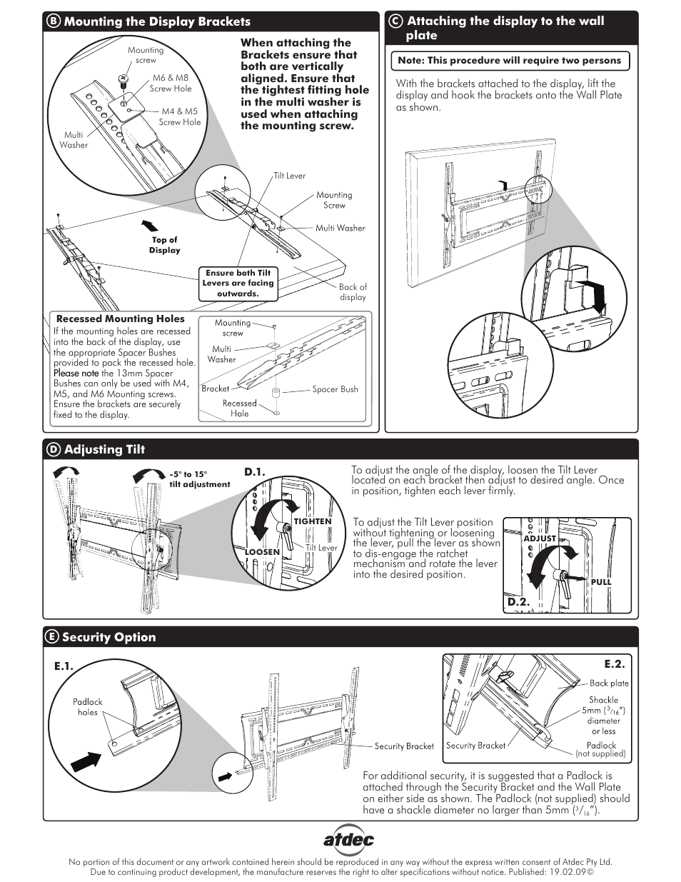 Attaching the display to the wall plate, Adjusting tilt | Atdec Telehook TH-3070-UT Installation manual User Manual | Page 2 / 2