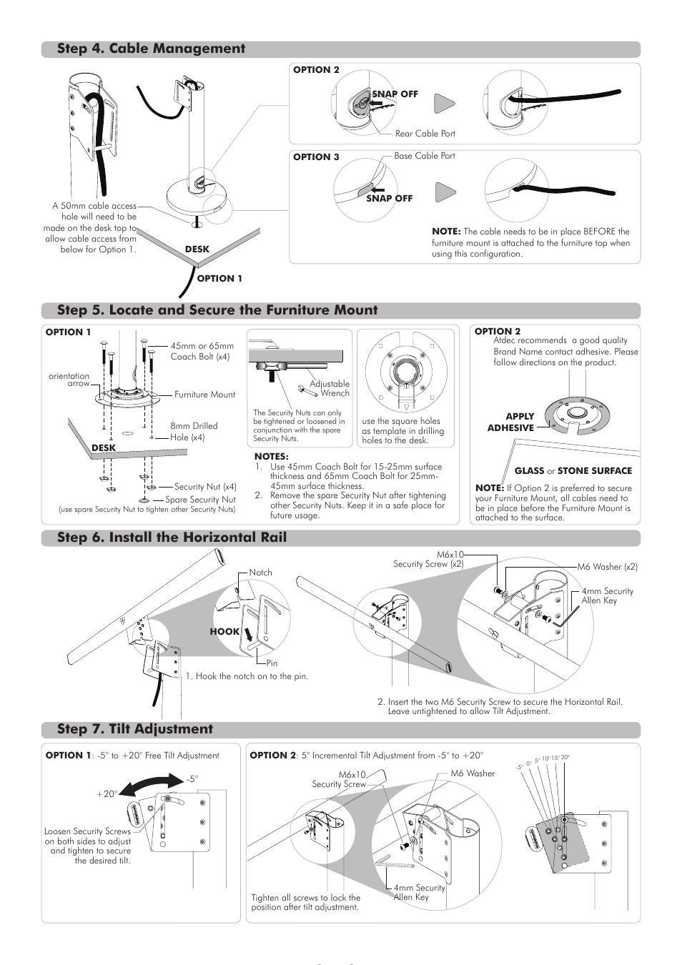 Step 5. locate and secure the furniture mount, Step 6. install the horizontal rail, Step 7. tilt adjustment | Step 4. cable management | Atdec Telehook TH-FM Installation manual User Manual | Page 2 / 3