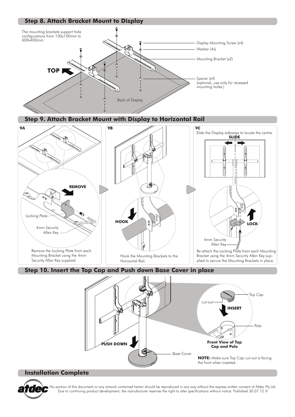 Step 8. attach bracket mount to display, Installation complete | Atdec Telehook TH-FM Installation manual User Manual | Page 3 / 3