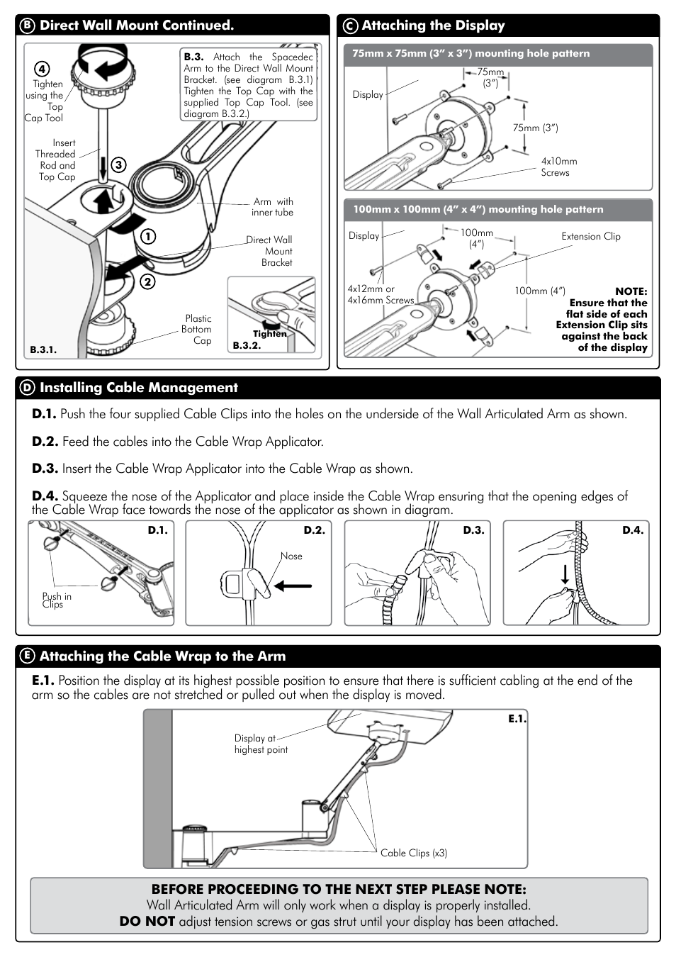 Attaching the cable wrap to the arm, Attaching the display, Installing cable management | Atdec Spacedec SD-AT-DW Installation manual User Manual | Page 2 / 4