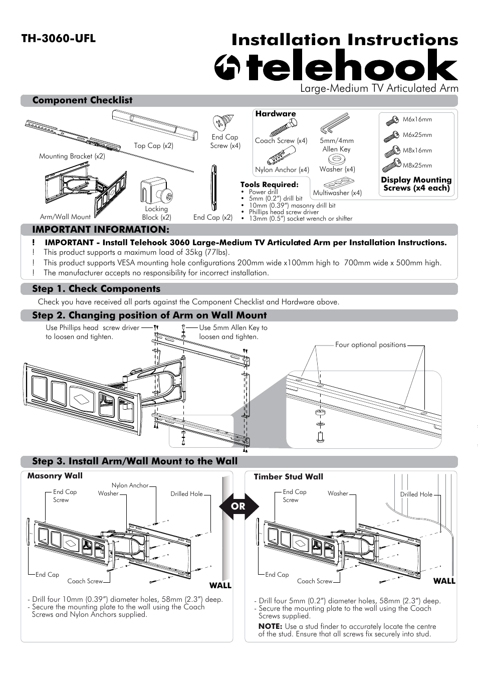 Atdec Telehook TH-3060-UFL Installation manual User Manual | 3 pages