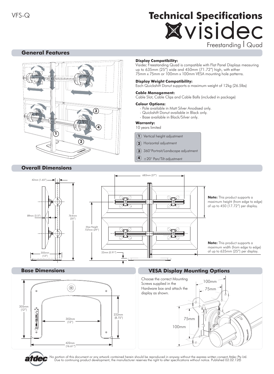 Atdec Visidec VFS-Q Technical specs User Manual | 1 page