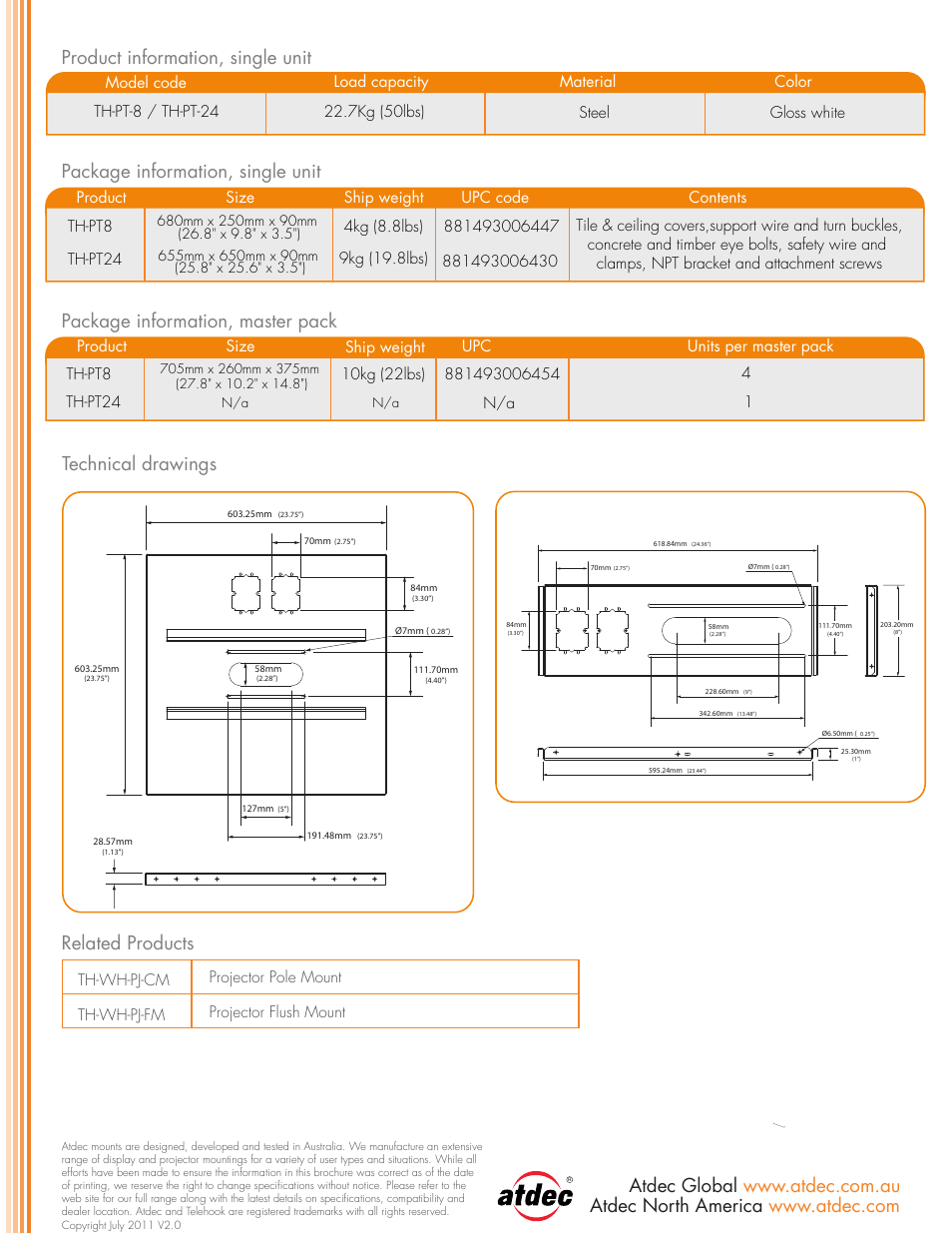 Th-pt8-back-rev03-pbk, Related products | Atdec Telehook TH-PT8 product brochure User Manual | Page 2 / 2