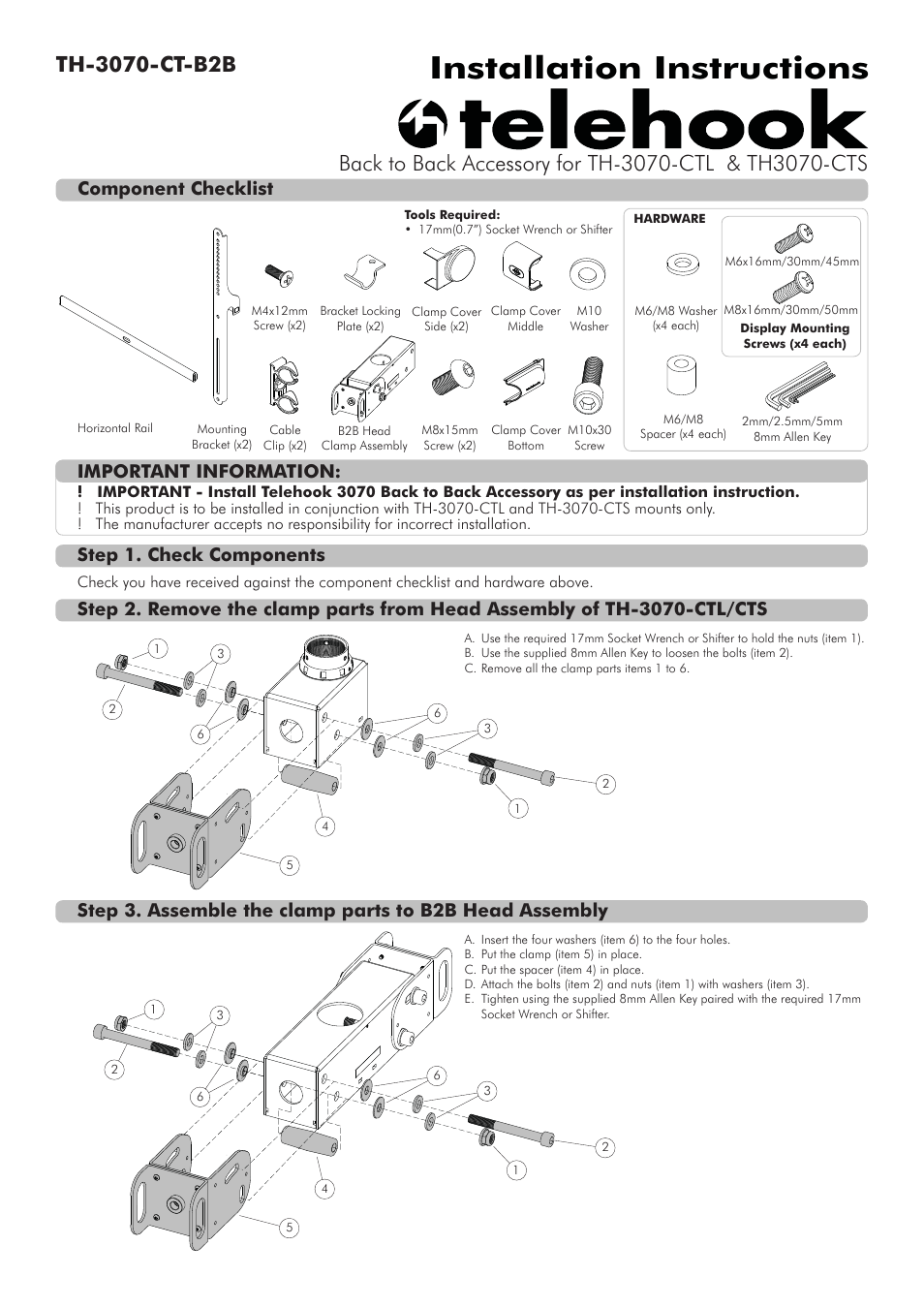 Atdec Telehook TH-3070-CT-B2B Installation manual User Manual | 2 pages