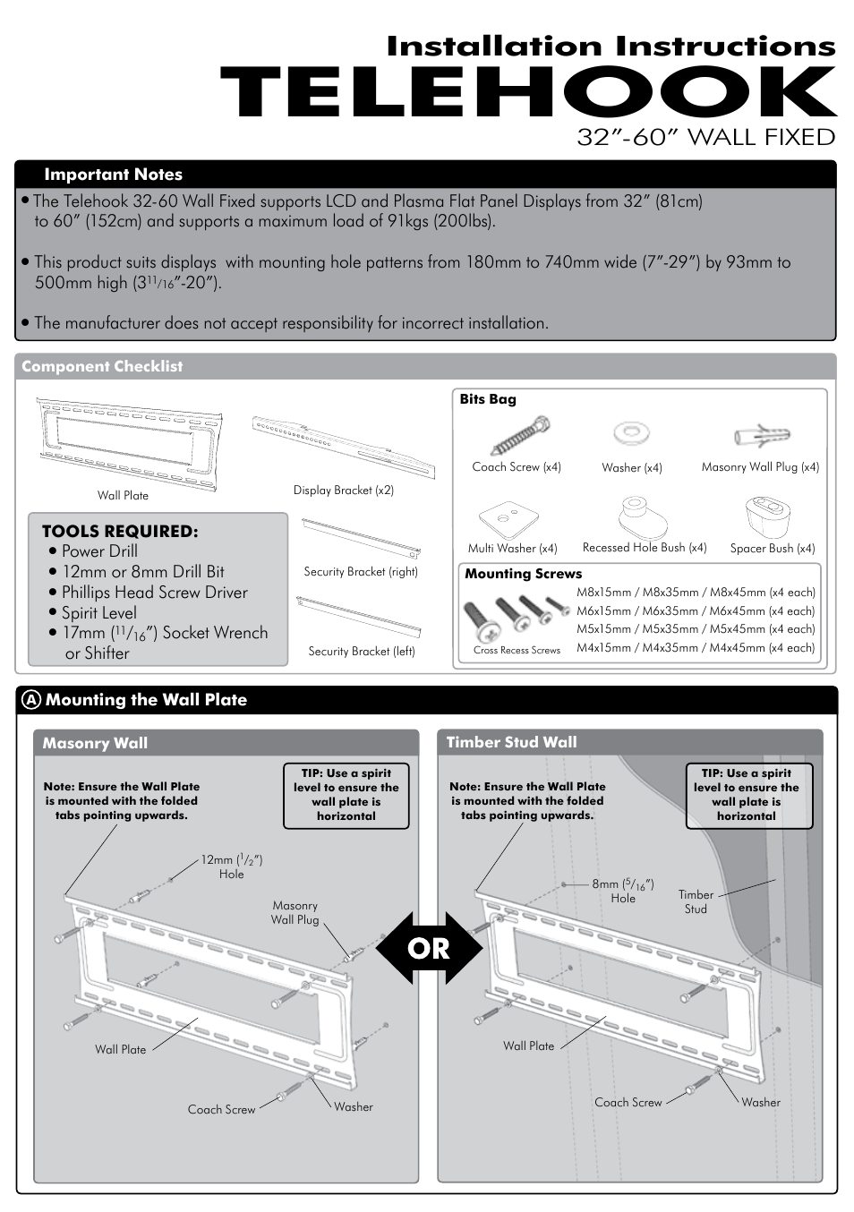 Atdec Telehook TH-3260-UFB Installation manual User Manual | 2 pages
