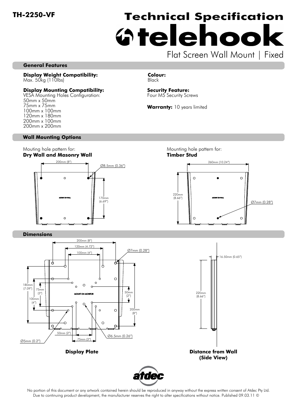 Atdec Telehook TH-2250-VF Technical specs User Manual | 1 page