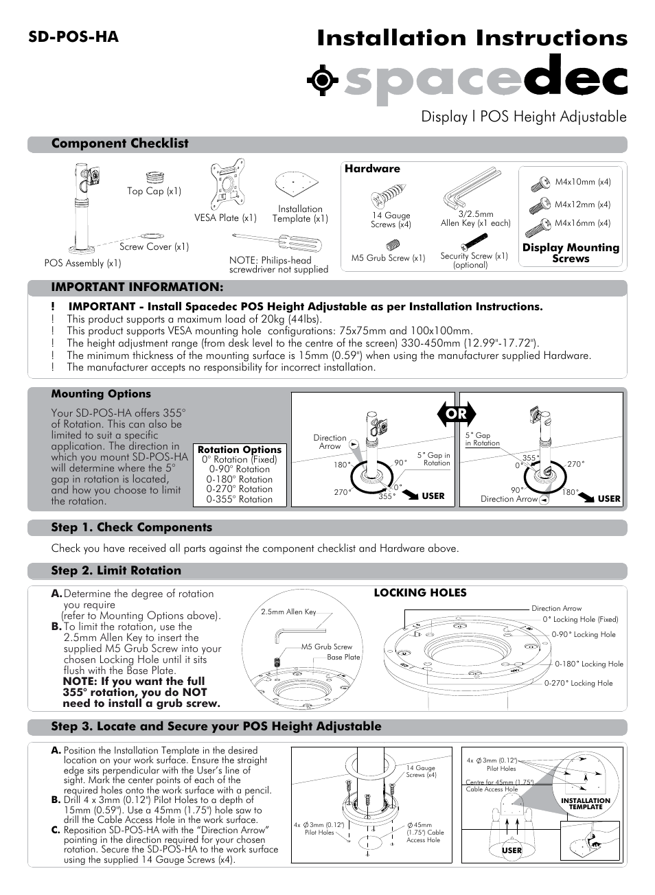 Atdec Spacedec SD-POS-HA Installation manual User Manual | 2 pages
