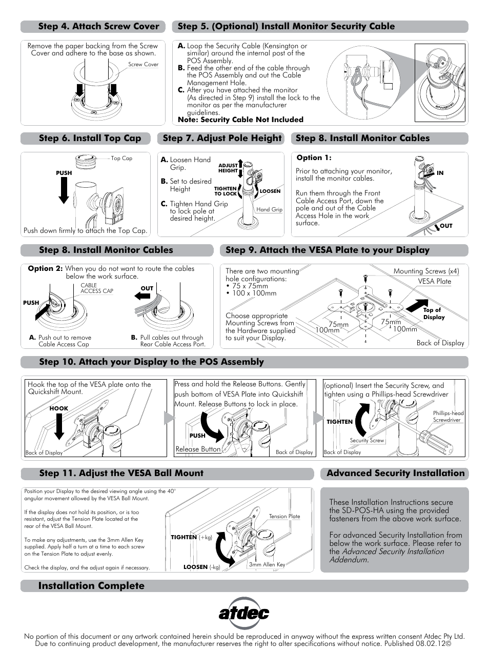 Sd-pos-ha install-01, Installation complete, Step 6. install top cap | Step 9. attach the vesa plate to your display, Advanced security installation | Atdec Spacedec SD-POS-HA Installation manual User Manual | Page 2 / 2