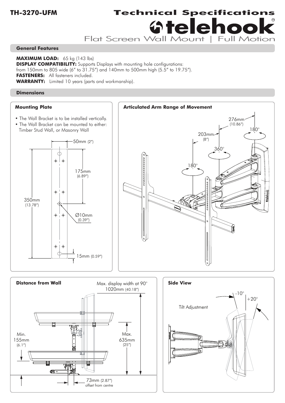 Atdec Telehook TH-3270-UFM Technical specs User Manual | 2 pages