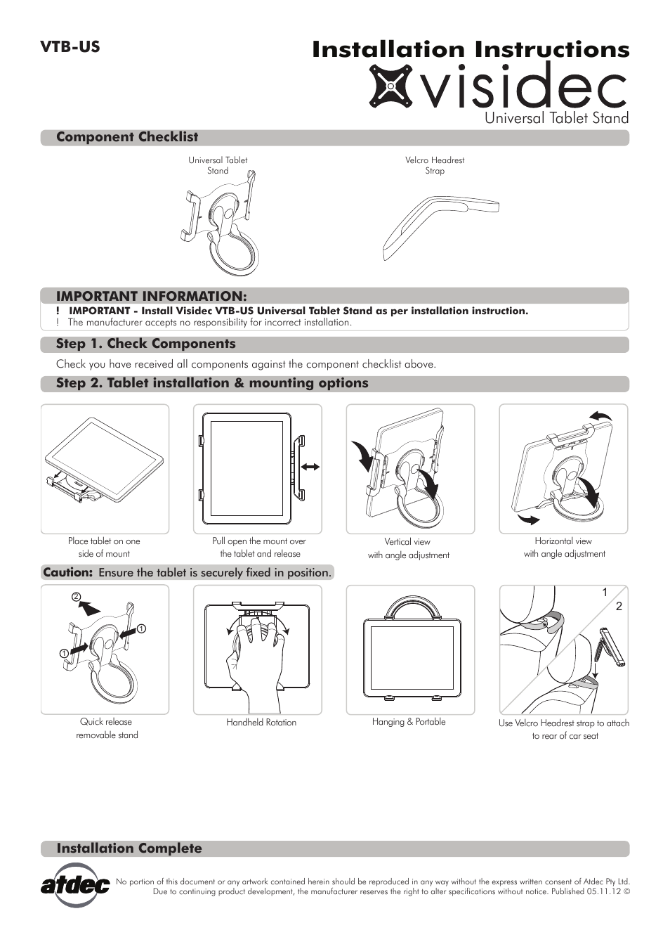 Atdec Visidec VTB-US Installation manual User Manual | 1 page