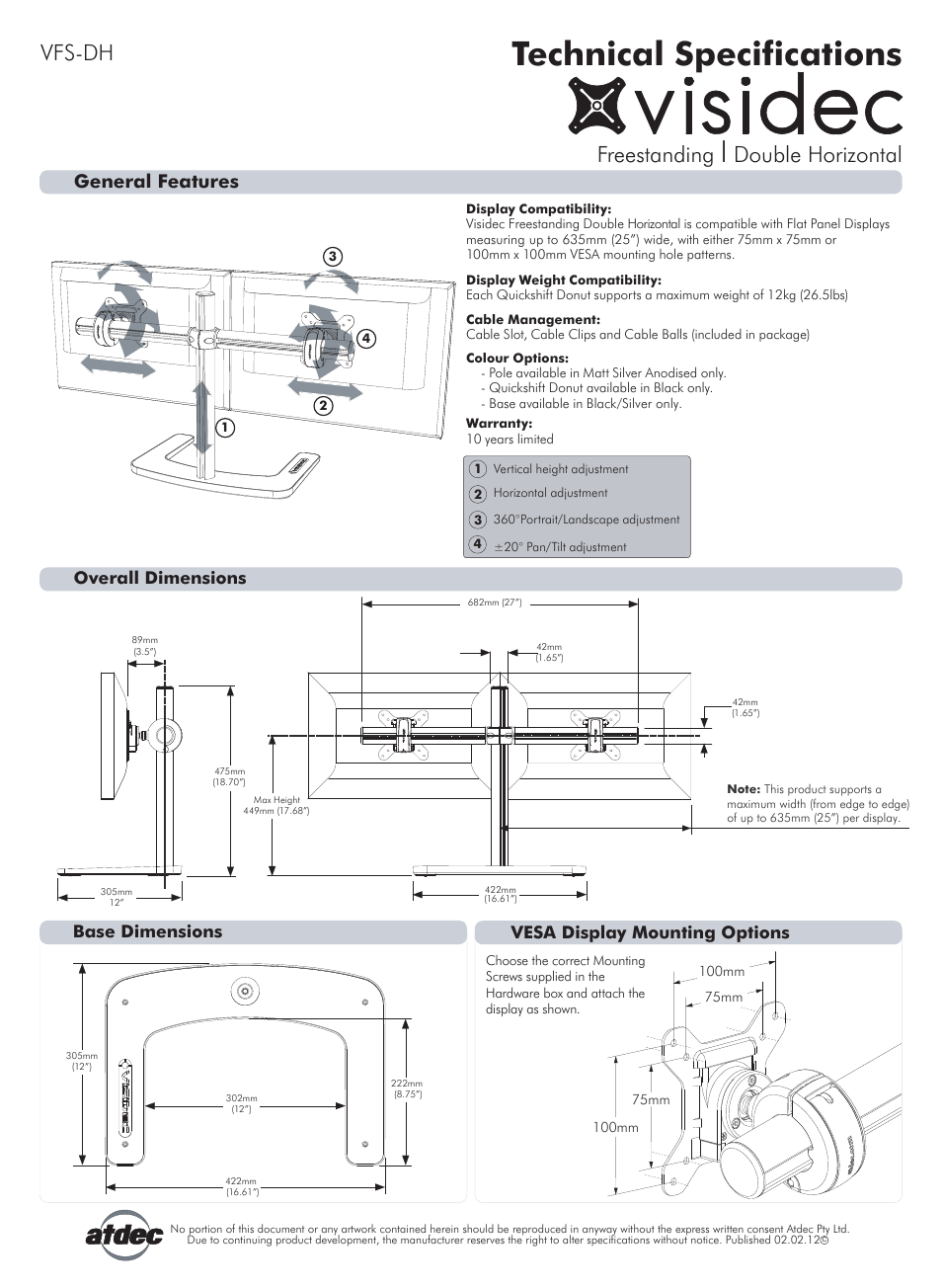 Atdec Visidec VFS-DH Technical specs User Manual | 1 page