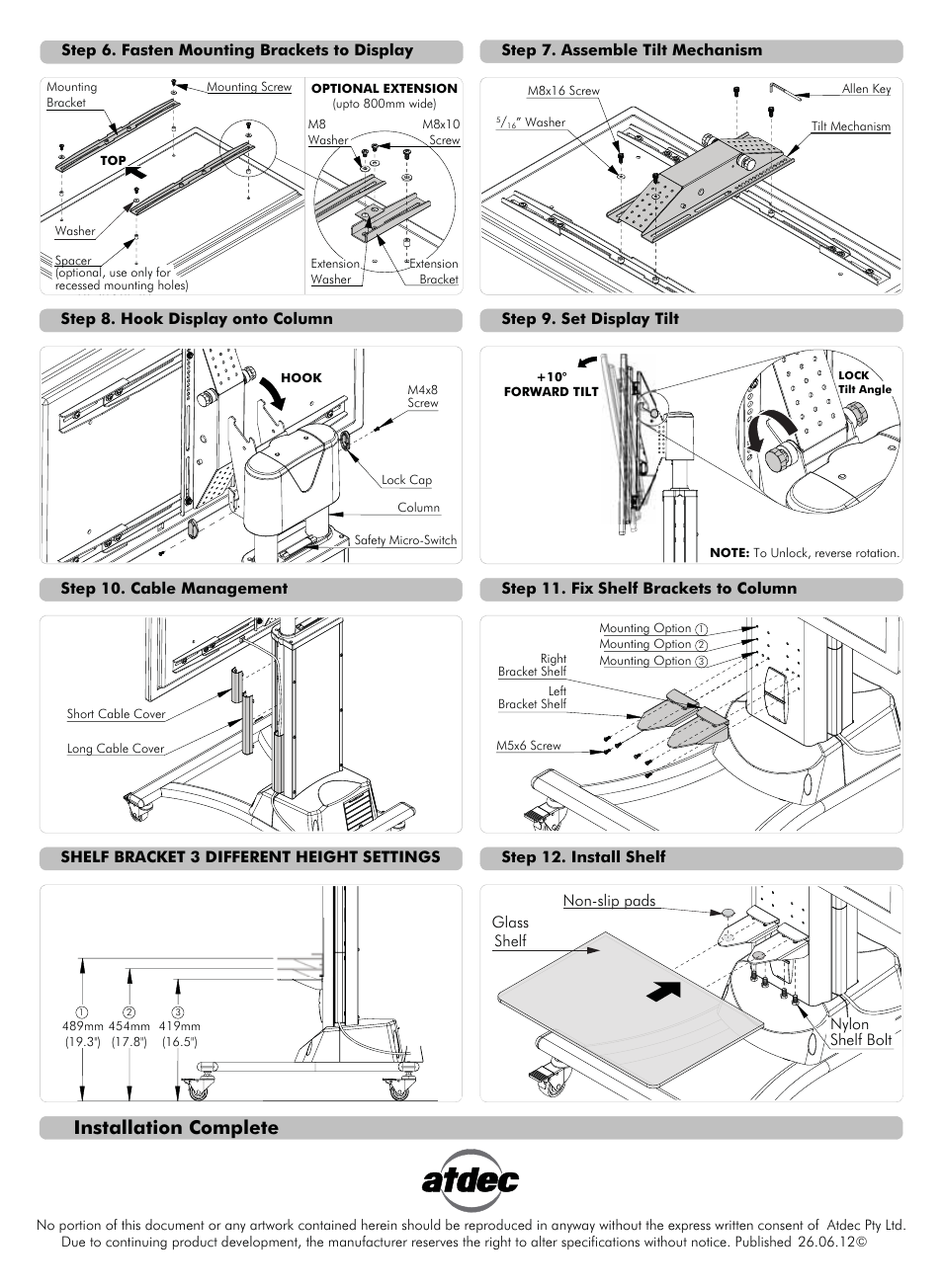 Installation complete, Nylon shelf bolt, Non-slip pads glass shelf | Step 6. fasten mounting brackets to display | Atdec Telehook TH-EMC Installation manual User Manual | Page 2 / 2