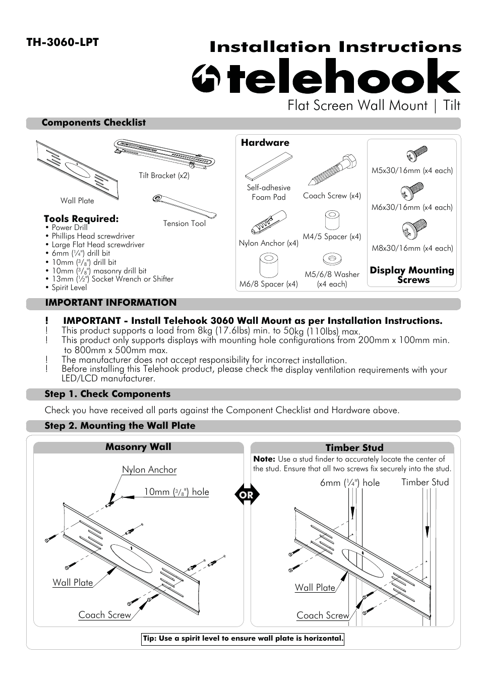 Atdec Telehook TH-3060-LPT Installation manual User Manual | 2 pages